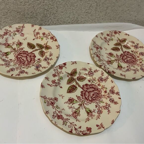 Vtg Johnson Bros England Rose Chintz 3 Scalloped Saucers 6” hand engraving G18 - Picture 3 of 9